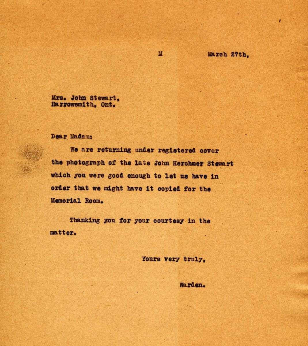 Letter from the Warden to Mrs. John Stewart, 27th March
