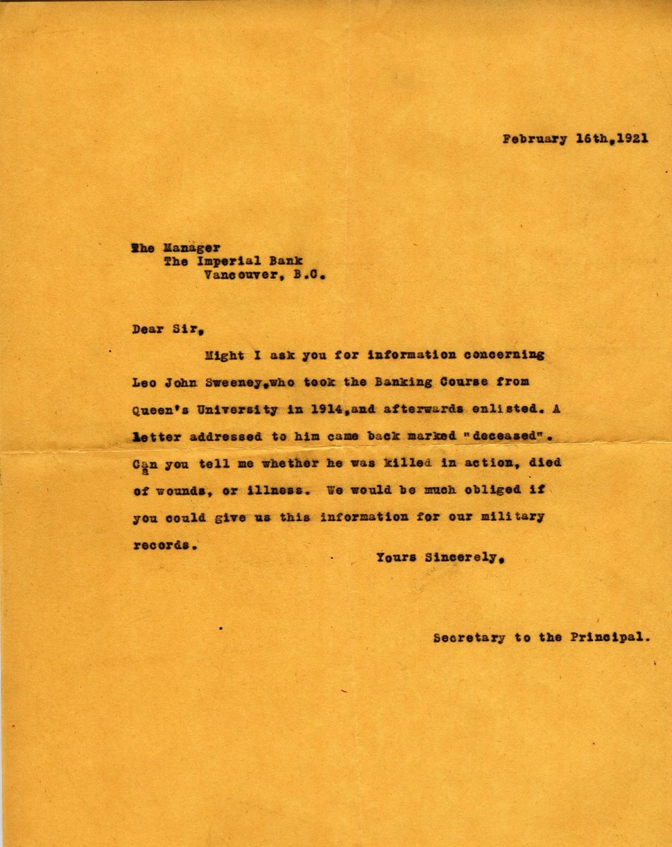 Letter from the Secretary to the Principal of Queens to the Manager of the Imperial Bank, Vancouver, 16th February 1921