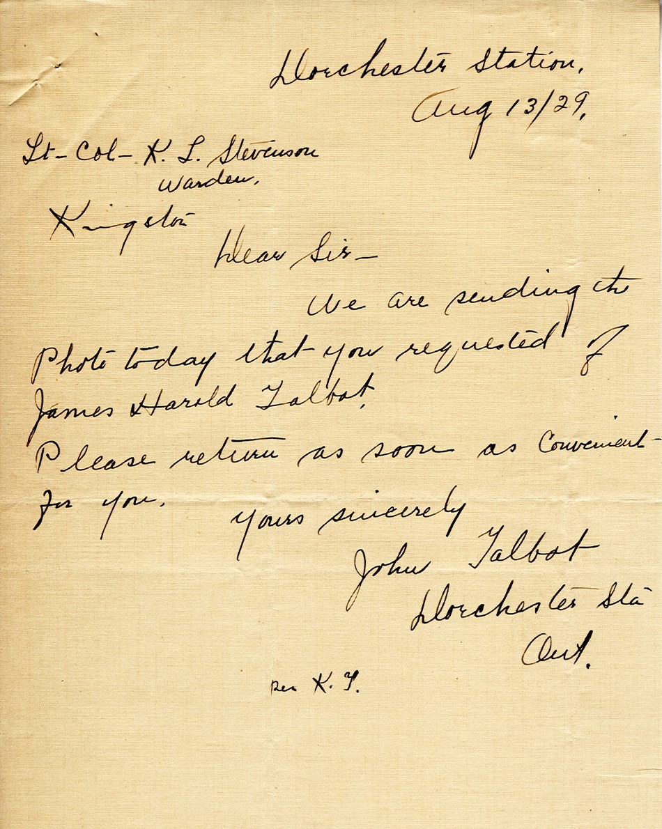 Letter from John Talbot to Lt. Col. K.L. Stevenson, 13th August 1929