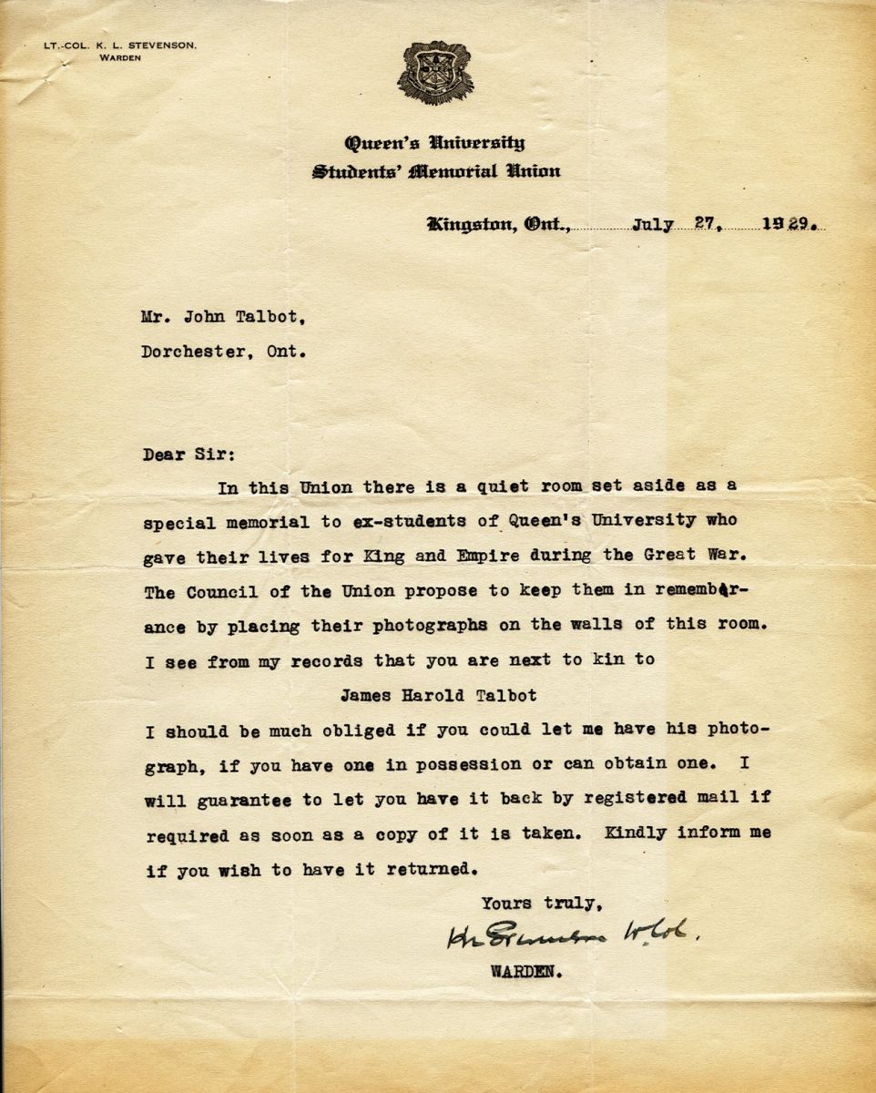 Letter from the Warden to Mr. John Talbot, 27th July 1929