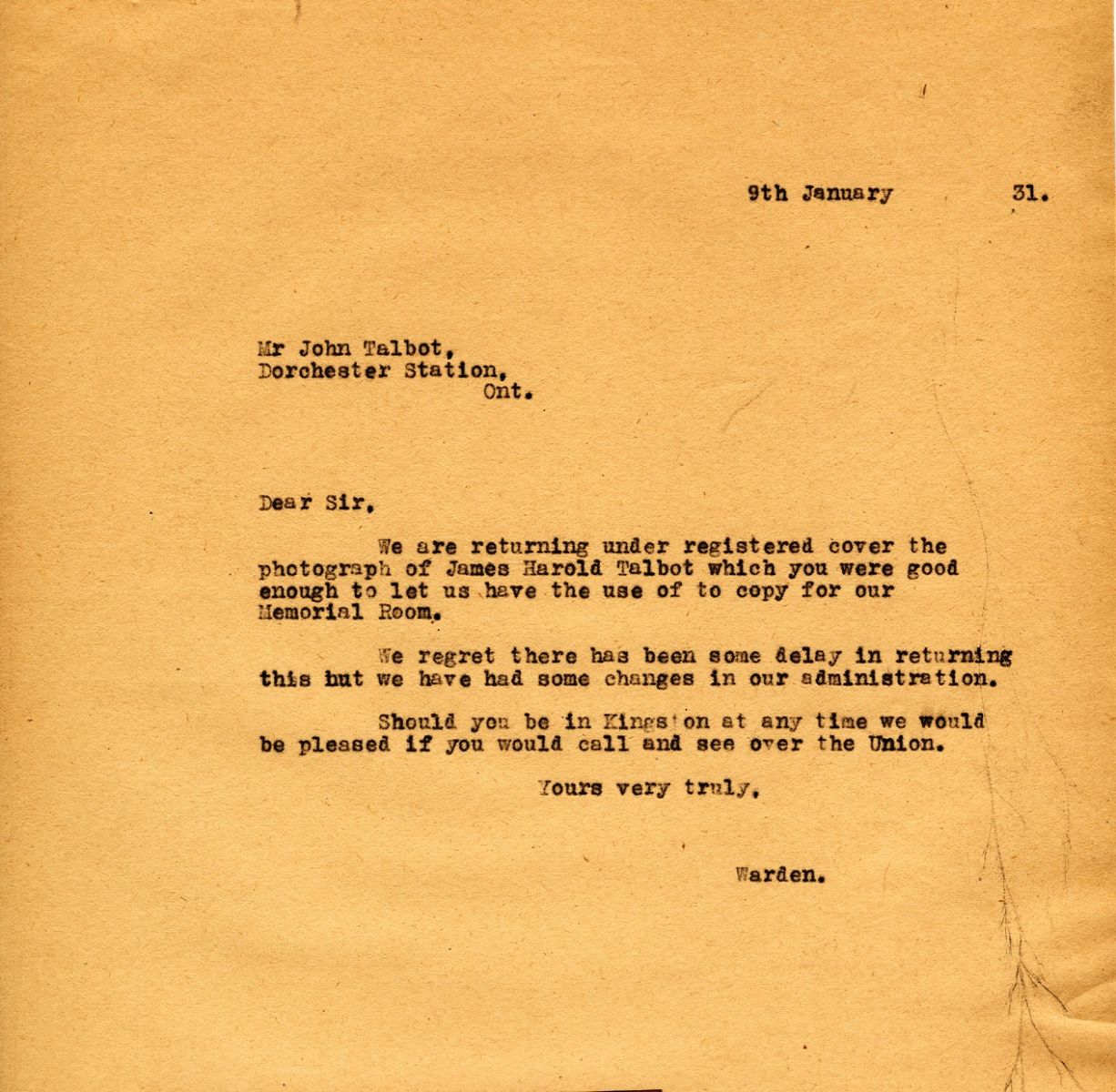 Letter from the Warden to Mr. John Talbot, 9th February 1931