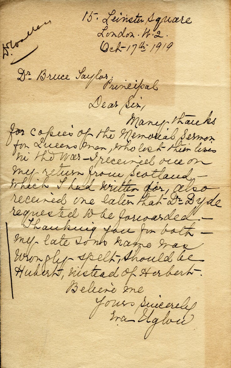 Letter from Ira Uglow to Dr. Bruce Taylor, 17th October 1919