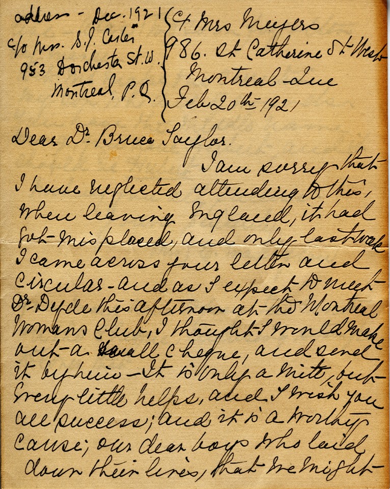 Letter from Mrs. G. Ira. Uglow to Dr. Bruce Taylor, 20th February 1921, Page 1