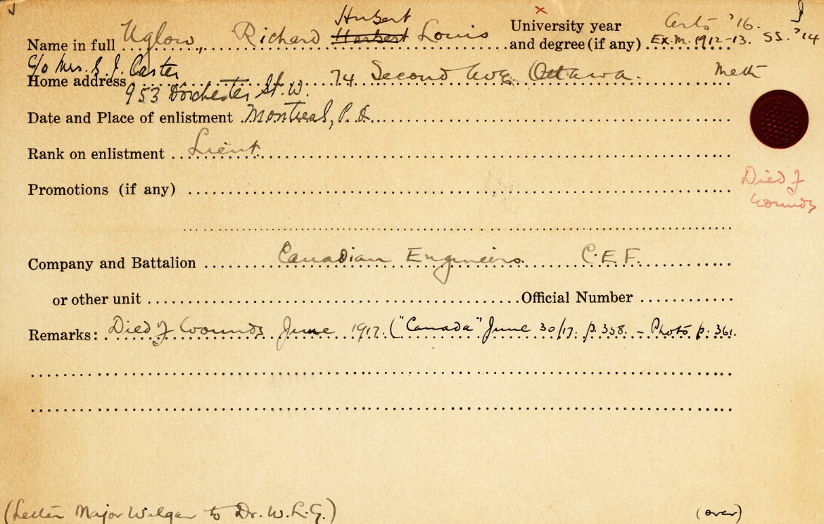 University Military Service Record of Uglow, Front Page