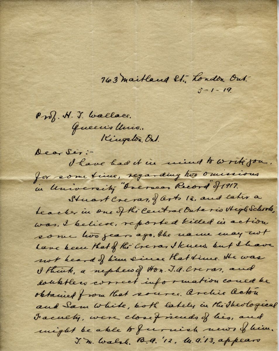 Letter from W. Gordon McNeil to Professor H.T. Wallace, 5th January 1919, Page 1