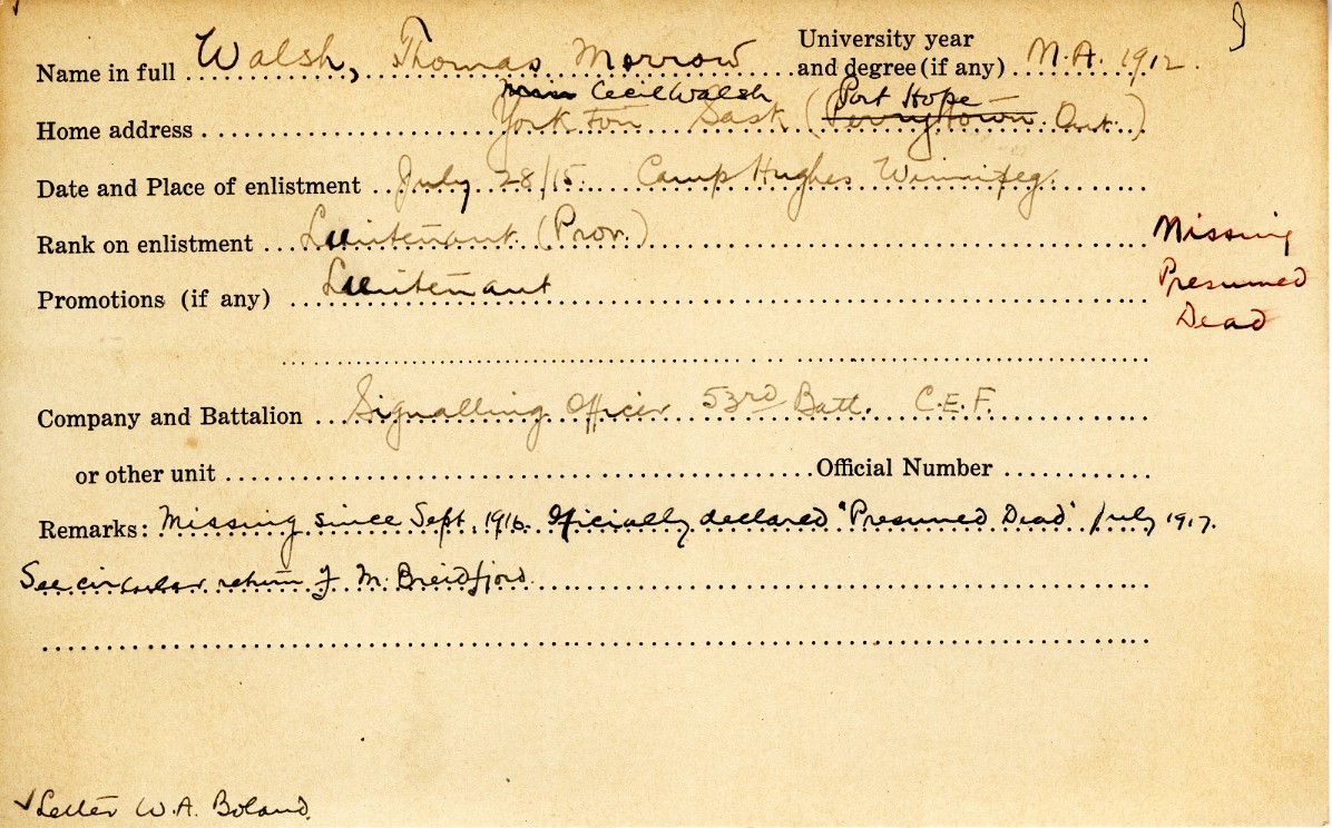 University Military Service Record of Walsh