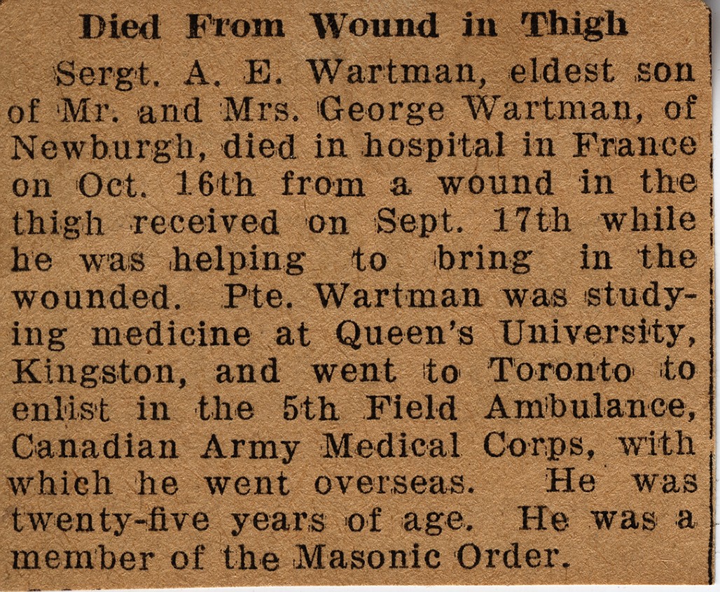 News Clipping Reporting Death of Wartman