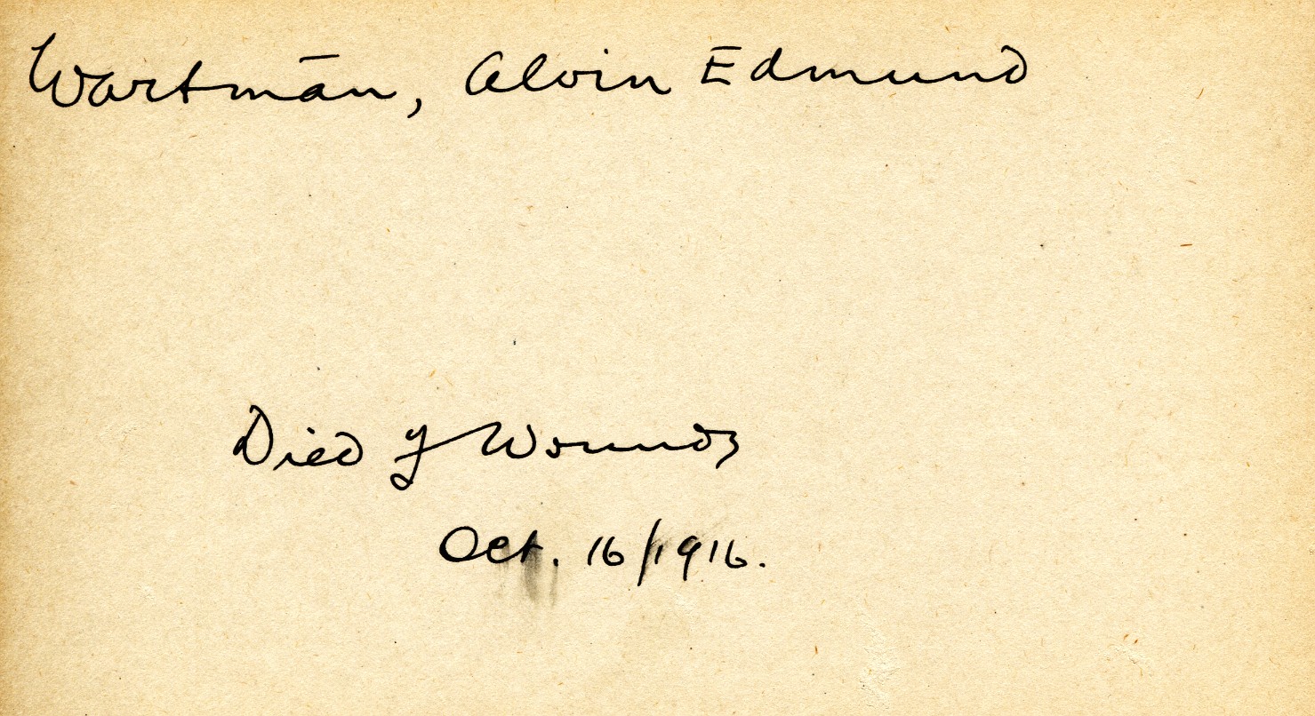 Card Describing Cause of Death of Wartman, 16th October 1916