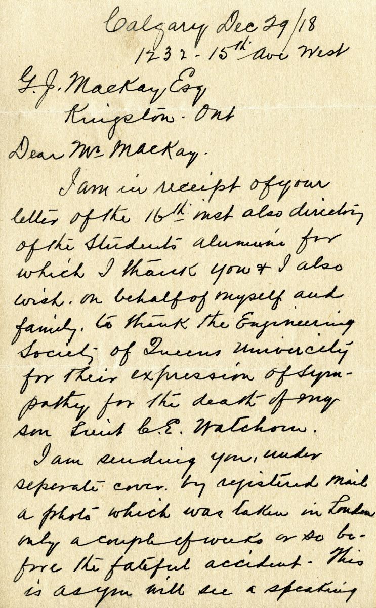 Letter from G.E. Watchorn to G.J. Mackay, 29th December 1918, Page 1