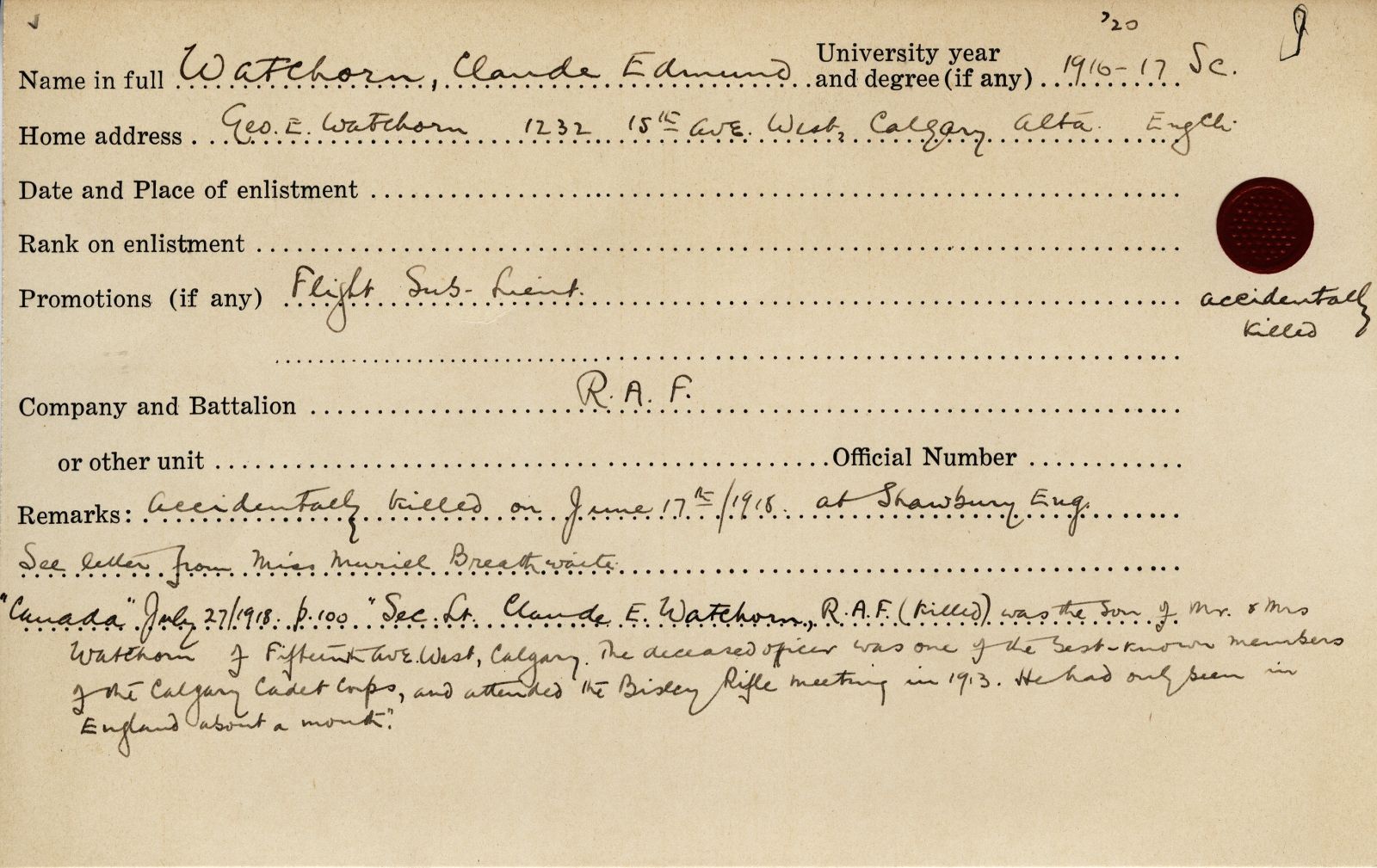University Military Service Record of Watchorn
