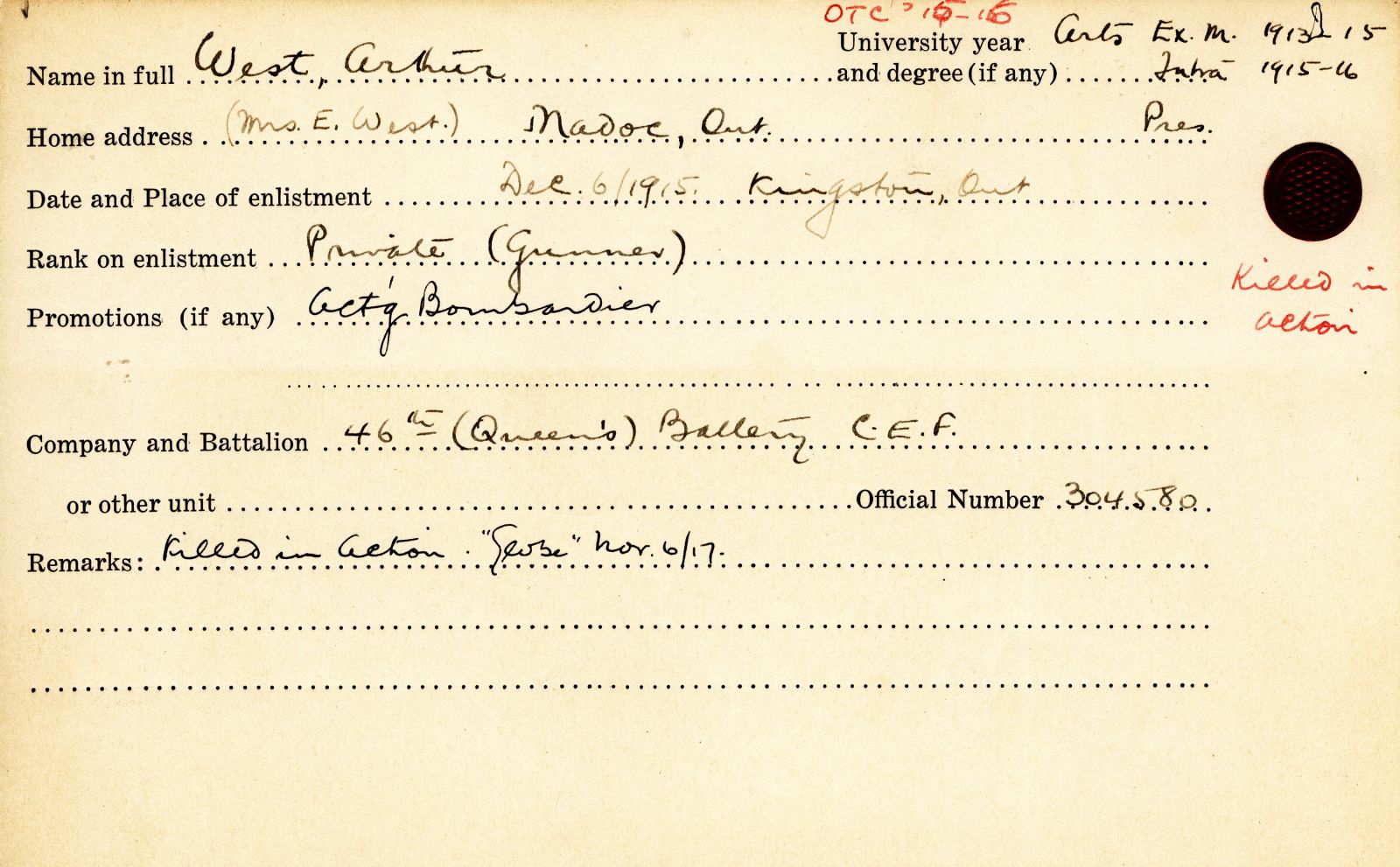 University Military Service Record of West