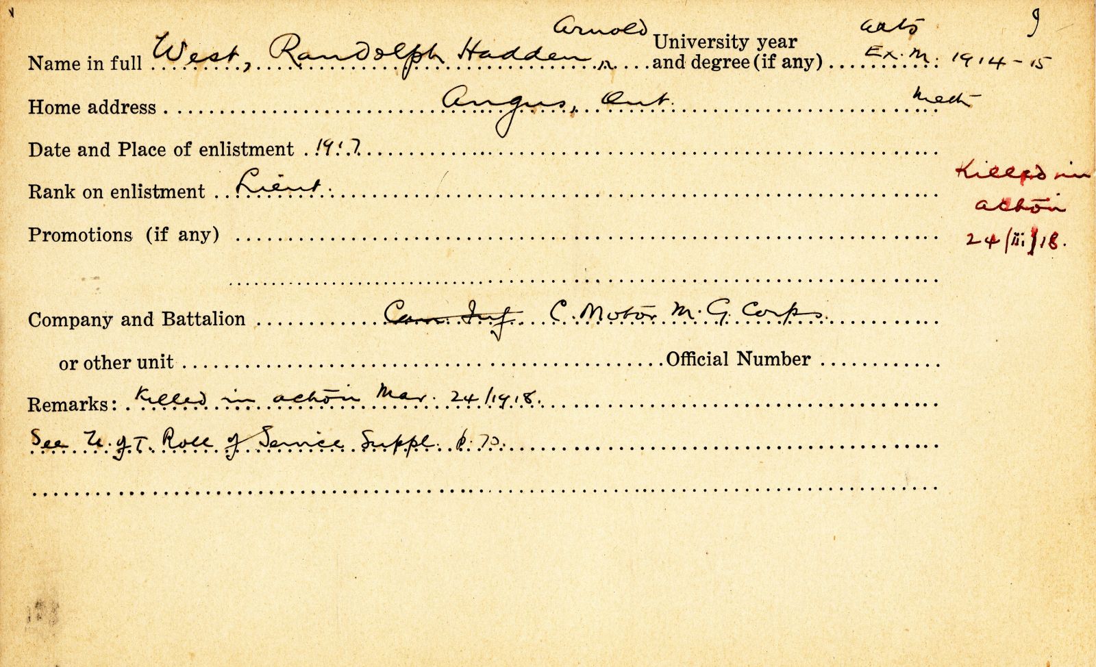 University Military Service Record of West