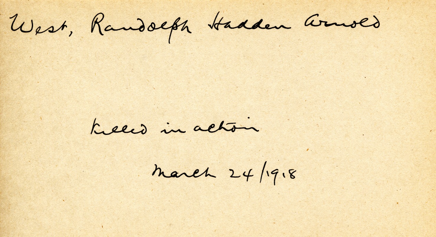 Card Describing Cause of Death of Randolph Hadden Arnold West, 24th March 1918