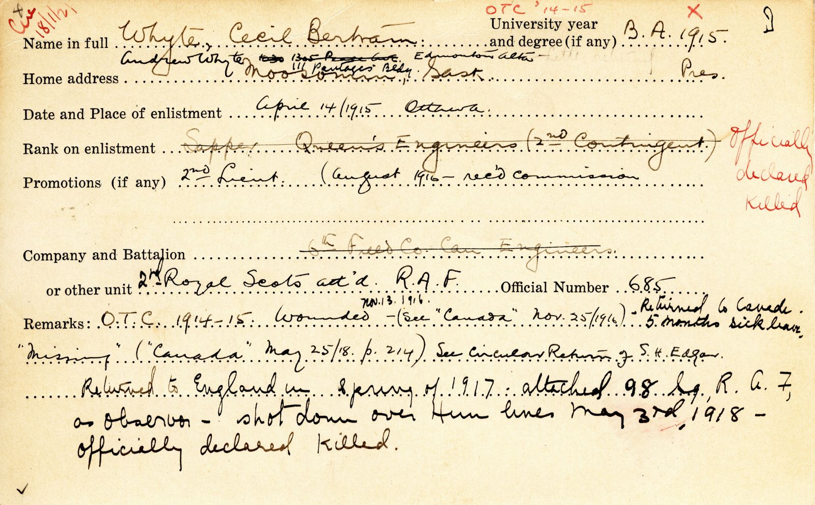 University Military Service Record of Whyte