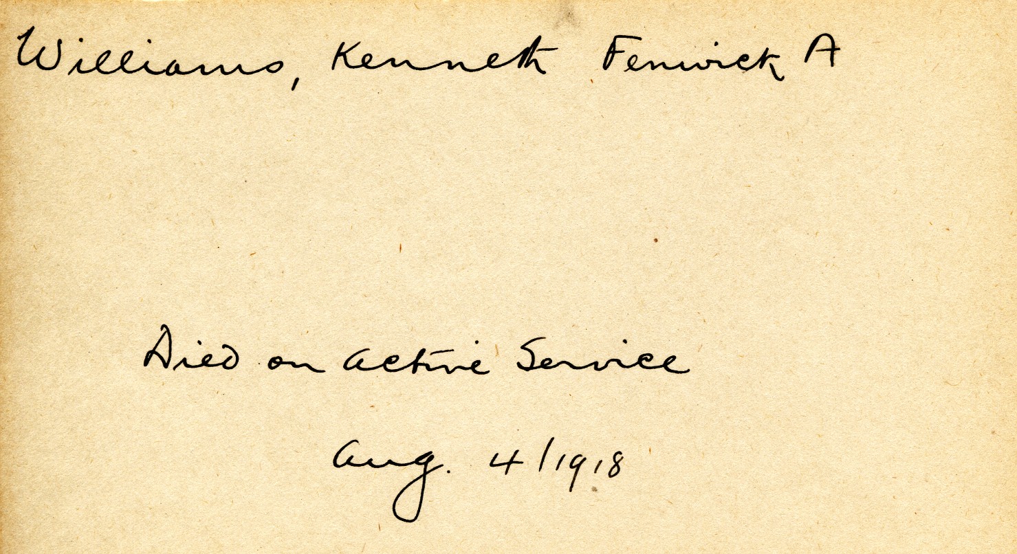 Card Describing Cause of Death of Williams, 4th August 1918