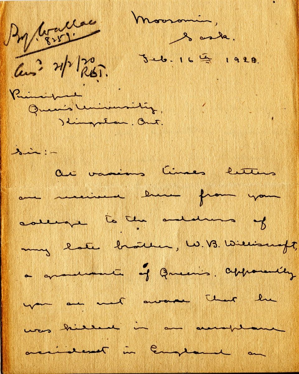 Letter from E. Williscroft to the Principal of Queen's, 16th February 1920, Page 1