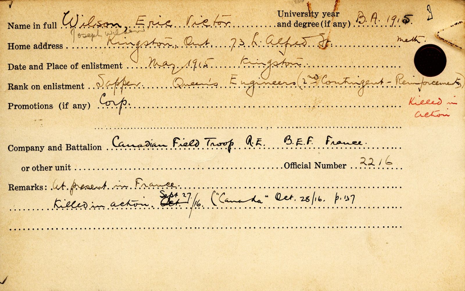 University Military Service Record of Wilson