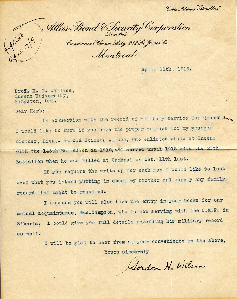 Letter from Gordon W. Wilson to Professor H.T. Wallace, 11th April 1919
