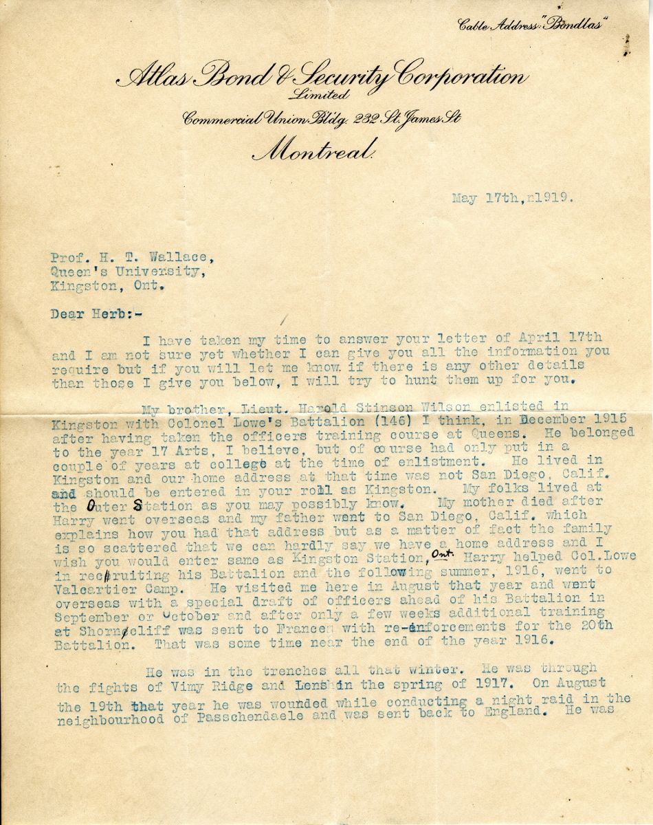 Letter from Gordon H. Wilson to Professor H.T. Wallace, 17th May 1919, Page 1