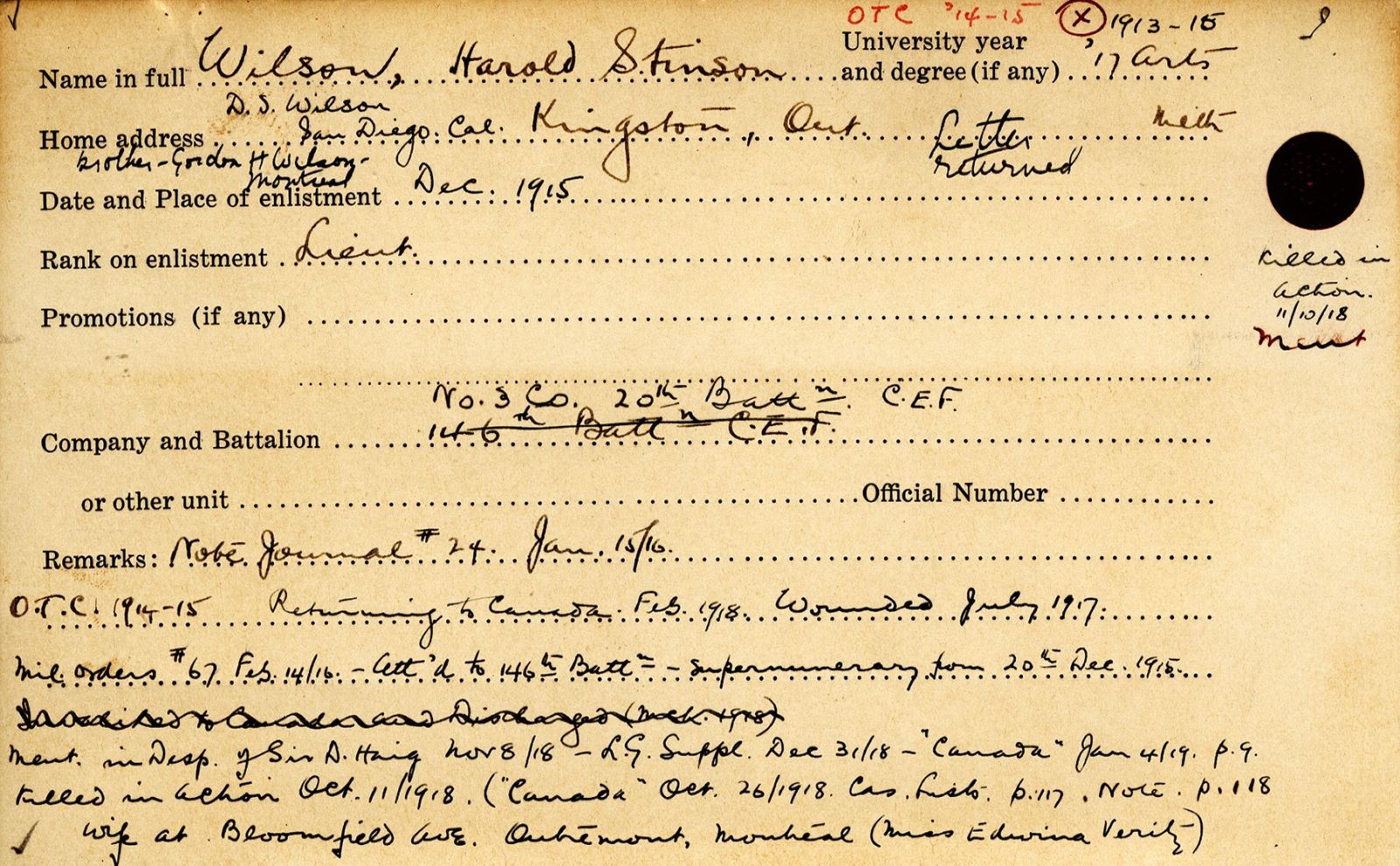 University Military Service Record of Wilson, Front Page