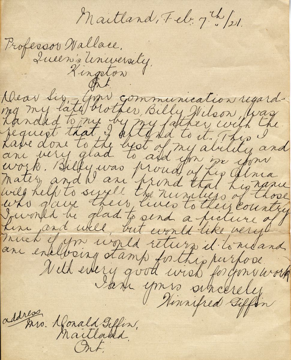 Letter from Mrs. Donald Griffin to Professor Wallace, 7th February 1921