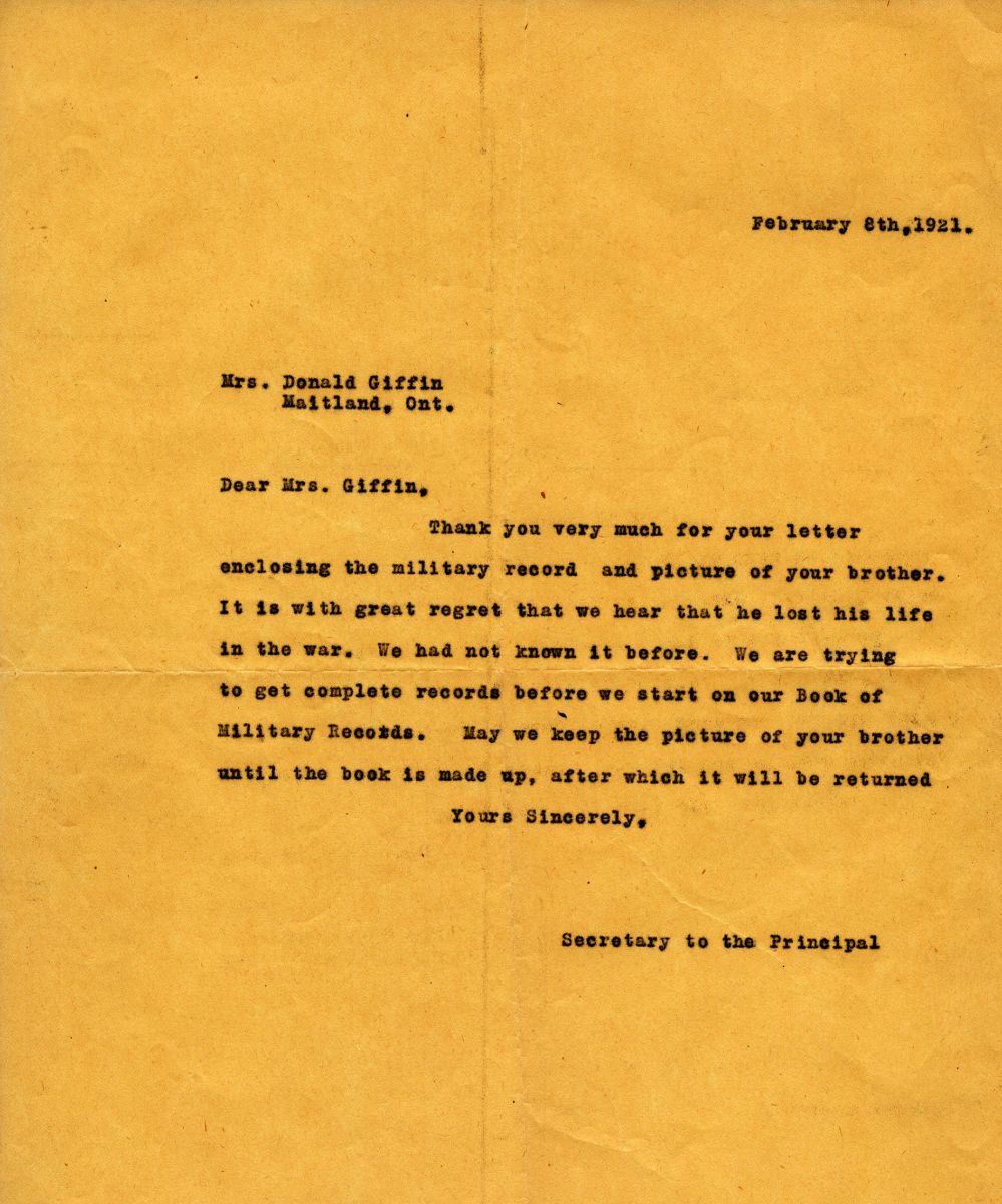 Letter from Secretary of Principal to Mrs. Donald Griffin, 8th February 1921