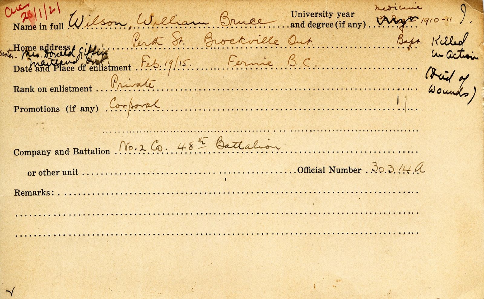University Military Service Record of Wilson