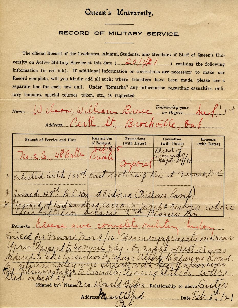 Wilson, Queen's University Record of Military Service