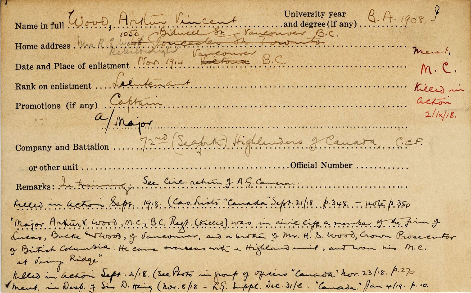 University Military Service Record of Wood, Front Page