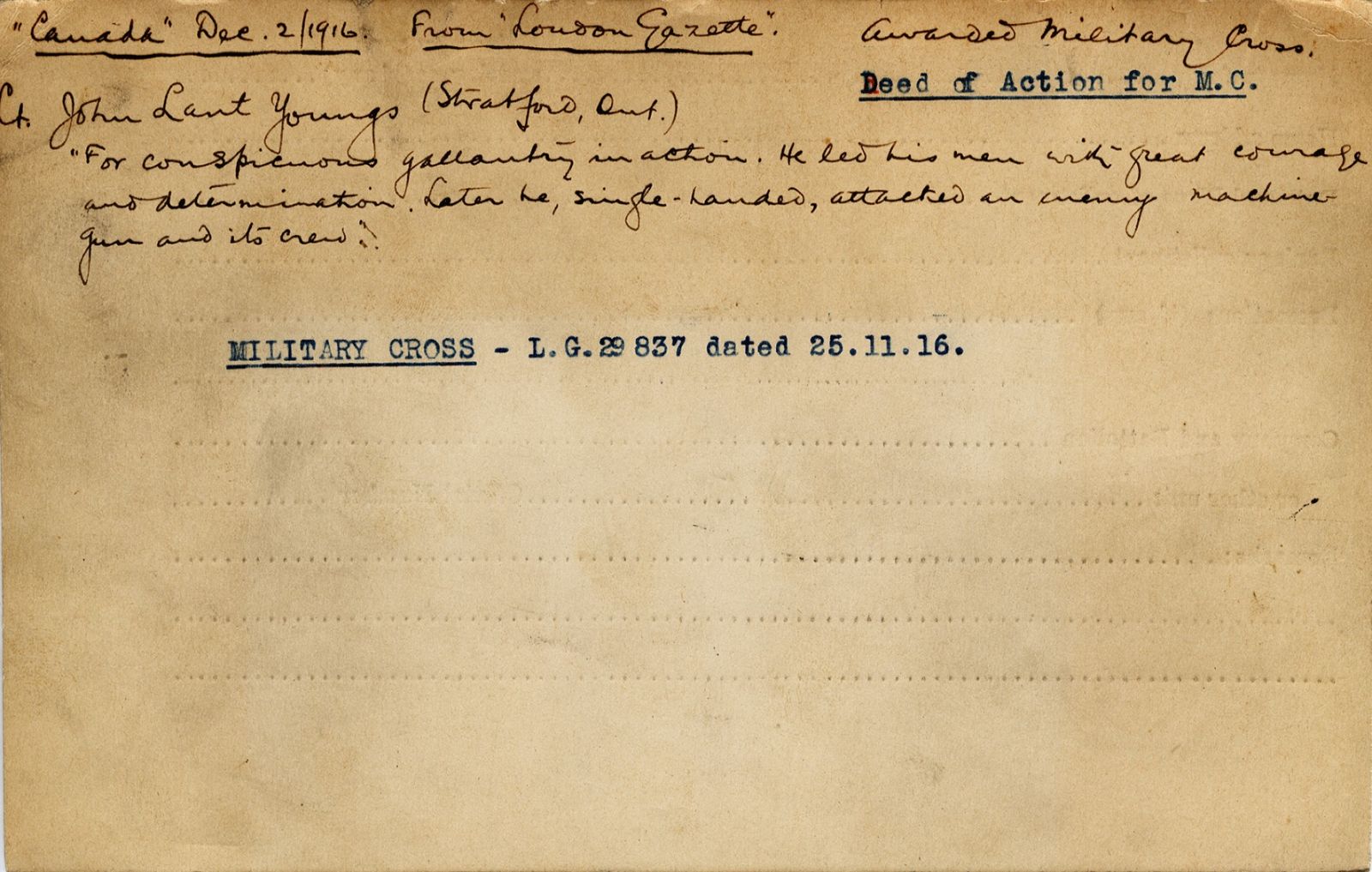 University Military Service Record of Youngs, Back Page