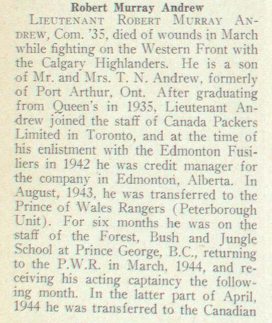 "Newsclipping of death announcement for Robert Murray Andrew"