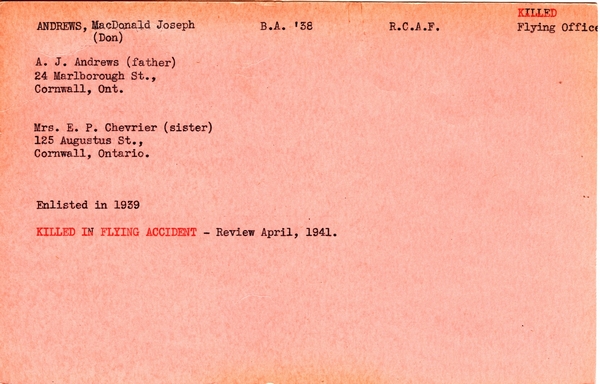 "Service card for MacDonald (Don) Joseph Andrews"