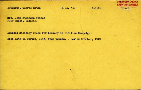 "Service card for George Eaton Atkinson page 1"