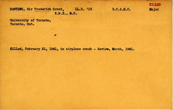 "Service card for Sir Frederick Grant Banting page 1"