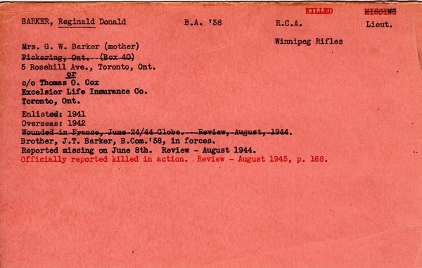 "Service card for Reginald Donald Barker page 1"