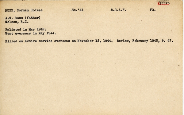 "Service Card for Norman Holmes Boss page 1"