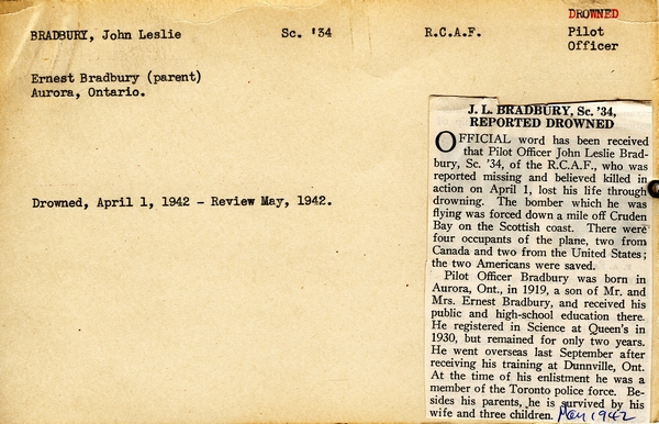"Service card for John Leslie Bradbury page 1"