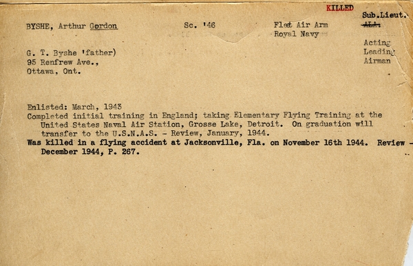 "Service card for Arthur Gordon Byshe page 1"