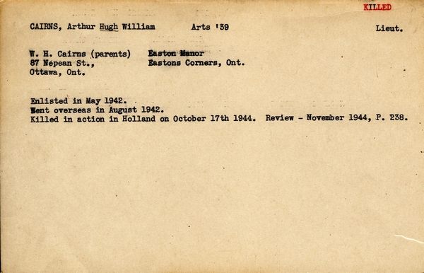 "Service card for Arthur Hugh William Cairns"