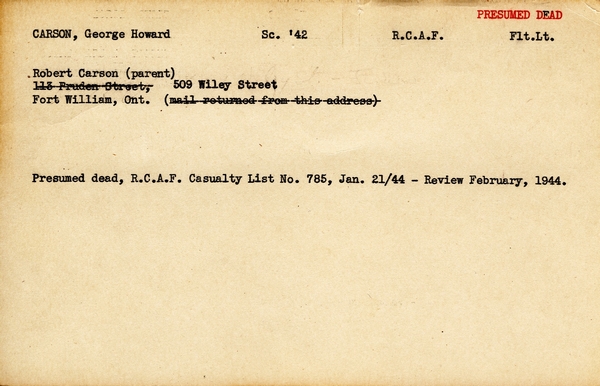 "Service card for George Howard Carson page 1"