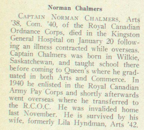 "Newclispping death announcement for Norman Chalmers"