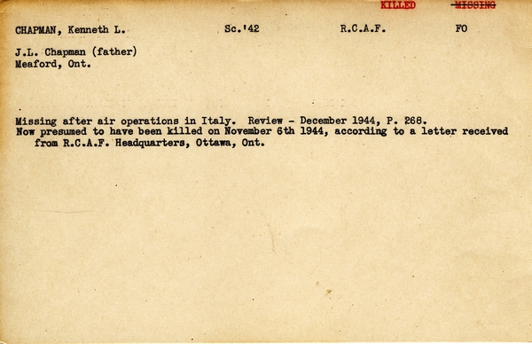 "Service card for Kenneth L. Chapman page 1"