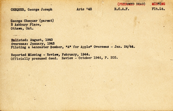 "Service card for George Joseph Chequer page 1"