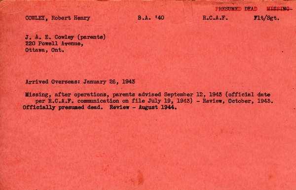 "Service card for Robert Henry Cowley page 1"