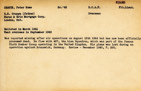 "Service card for Peter Hume Cronyn page 1"