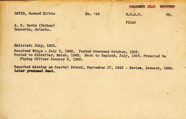 "Service card for Howard Elfric Davis page 1"