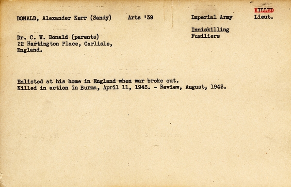 "Service card for Alexander Kerr (Sandy) Donald page 1"