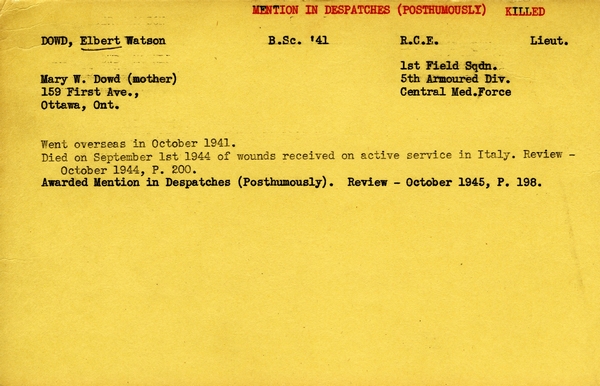 "Service card for Elbert Watson Dowd page 1"