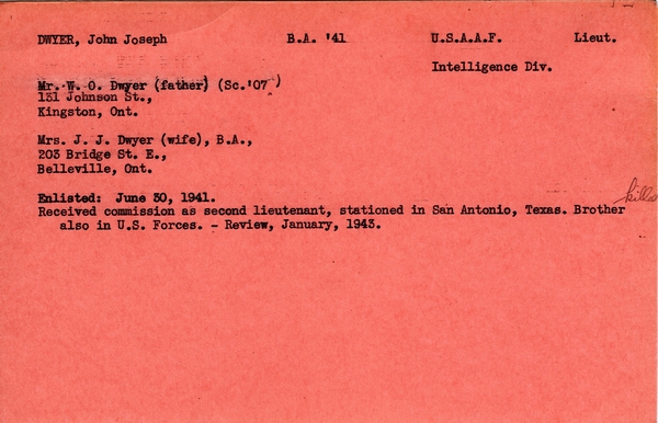 "Service card for John Joseph Dwyer"