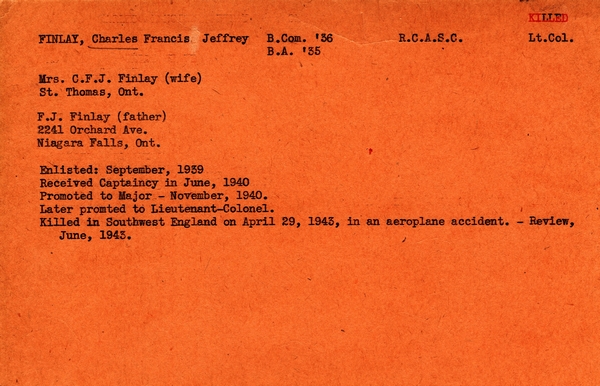 "Service card for Charles Francis Jeffrey Finlay page 1"